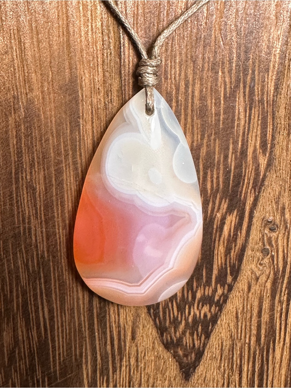 Coral Agate Teardrop Pendant Necklace on Thin Simple Tan Rope - Picture 8 of 14